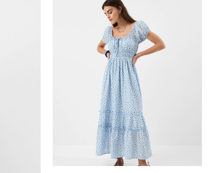 Polka Dot Puff Sleeve Midi Dress Blue