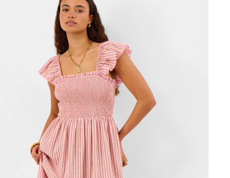 Embroidered Stripe Midi Dress Pink