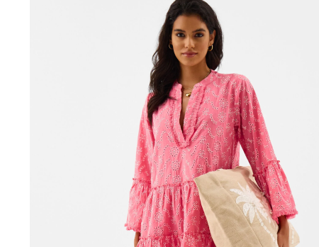Broderie Flute Sleeve Mini Dress Pink