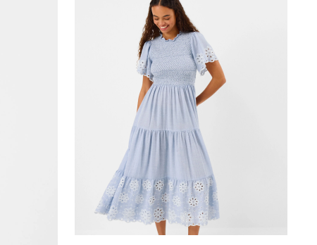 Smocked Cutwork Midi Dress Blue