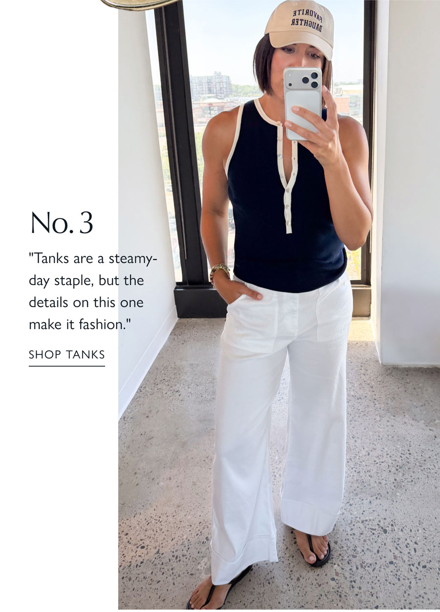 No 3. "Tanks are a steamy-day staple, but the details on this one make it fashion."  UGC image of Stylist Ash wearing button-down tank and wide leg white pants from EVEREVE. SHOP TANKS