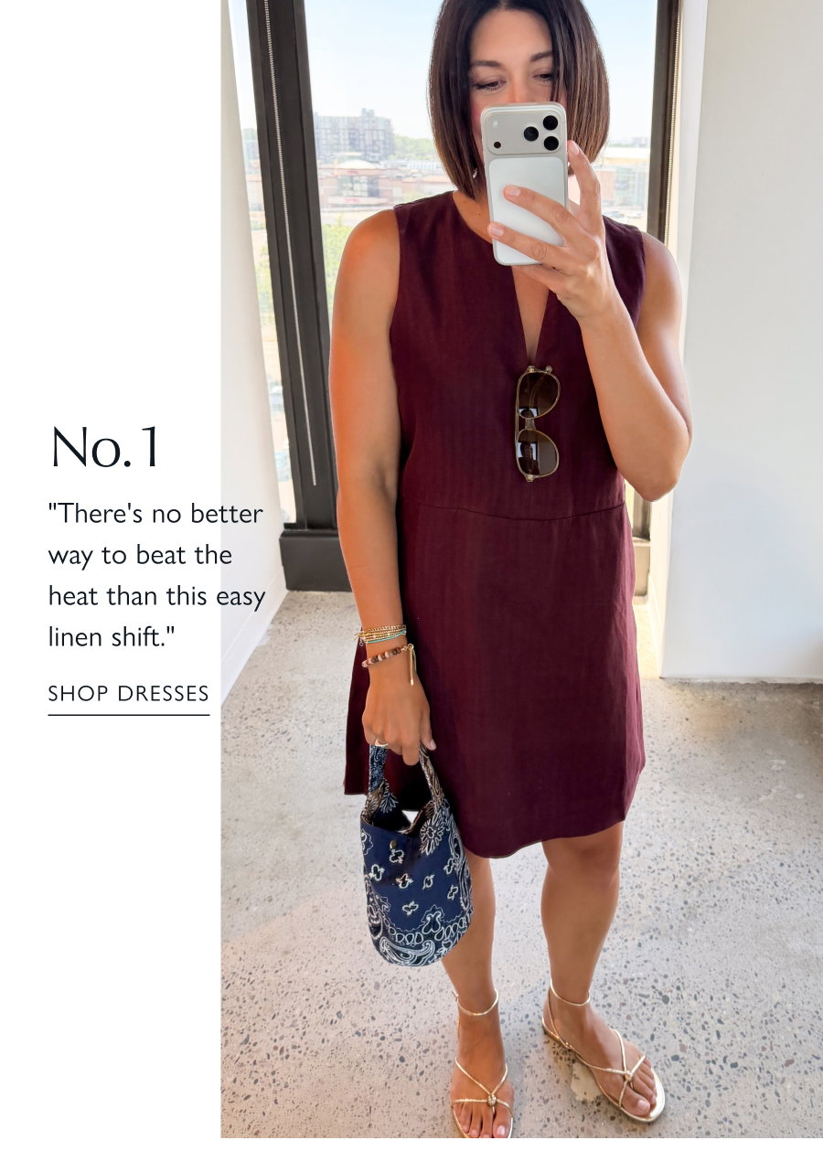 No 1. "There's no better way to beat the heat than this easy linen shift."  UGC photo of Stylist, Ash, taking a pic of herself wearing a linen shift dress and sandals.  SHOP SHORTS
