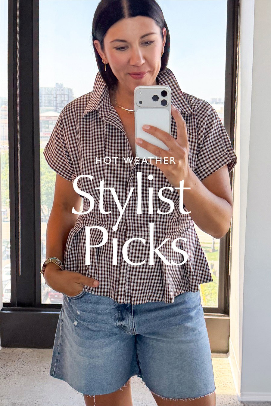 Hot Weather. Stylist Picks. UGC photo of Stylist, Ash, photographing herself in tailored top paired with cropped denim shorts from EVEREVE.