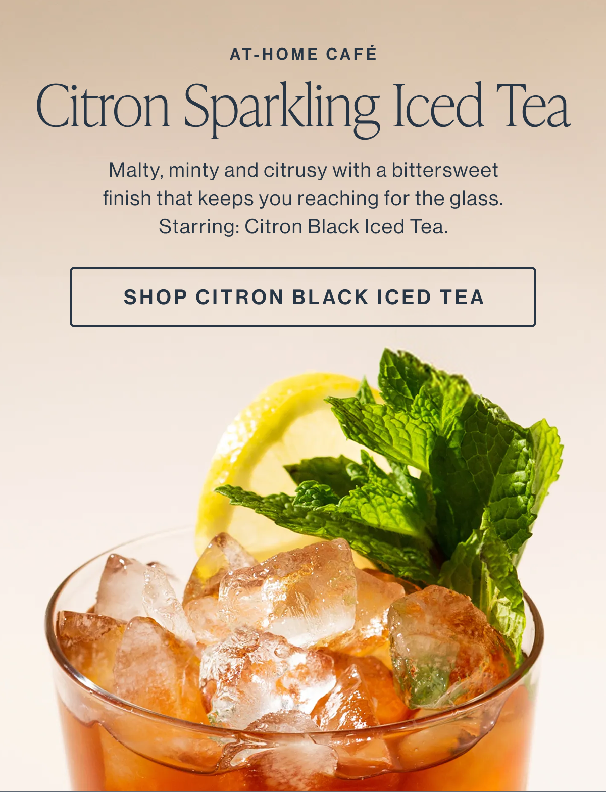 AT-HOME CAFÉ Citron Sparkling Iced Tea  Malty and minty with a citrus backbone and a bittersweet finish that keeps you reaching for the glass. Starring our new Citron Black Iced Tea.  SHOP CITRON BLACK ICED TEA