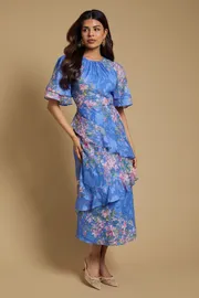 Petite Double Frill Satin Burnout Midi Dress