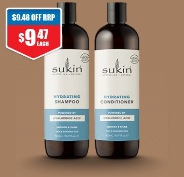 Sukin Hydrating hair care range 1/2 price off RRP at Chemist Warehouse sale ends 5 August 2026