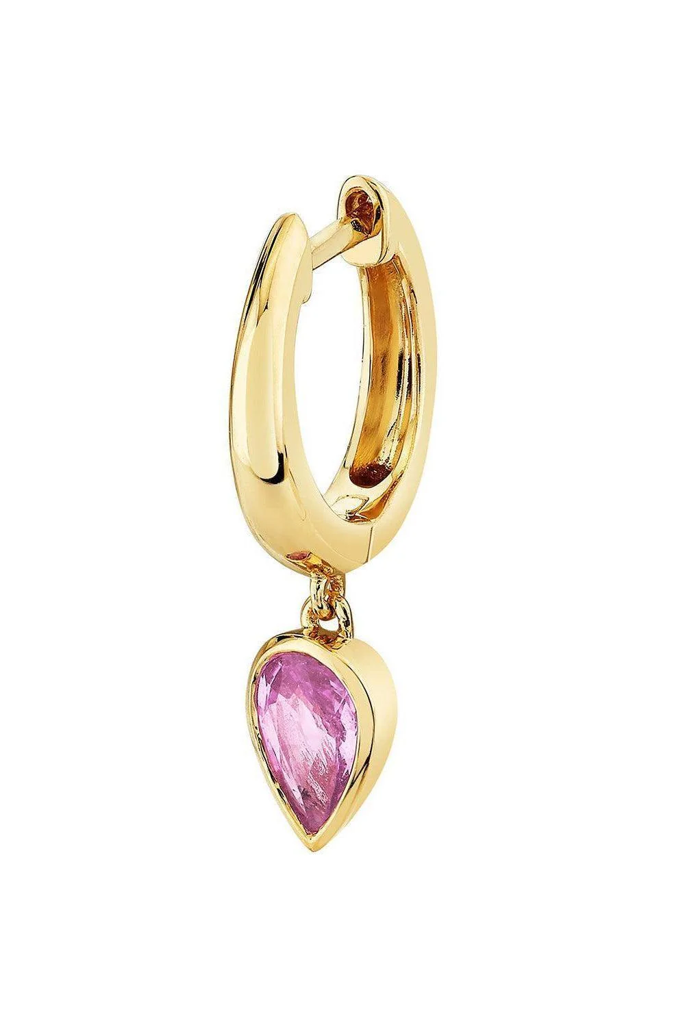 Image of pink sapphire pear drop huggie earring