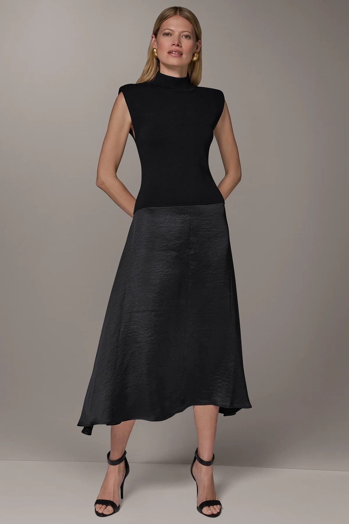 MIXED MEDIA DROP WAIST MIDI DRESS