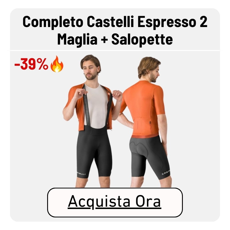 Men's Castelli Espresso 2 orange cycling jersey and black bib shorts set shown front and back, 39% off sale
