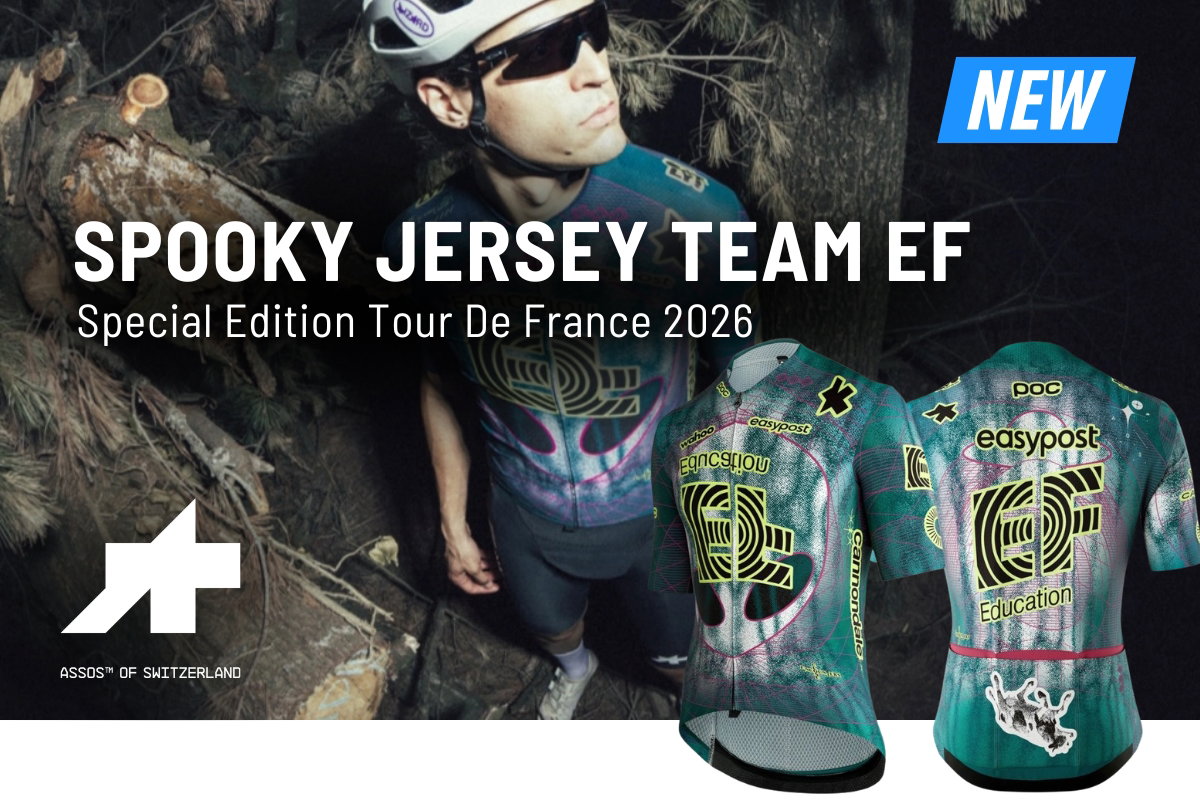 Helmeted cyclist wearing Spooky Jersey Team EF 2026 among trees, plus front and back special-edition jersey images