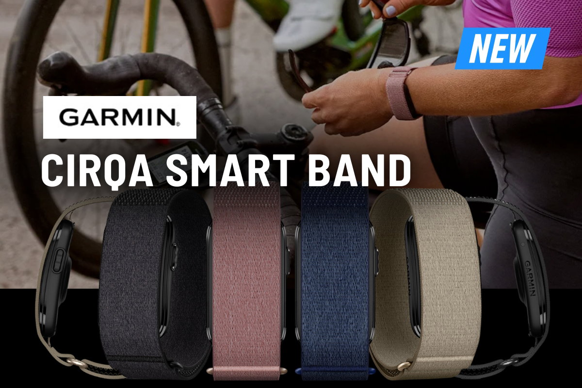 Garmin Cirqa Smart Band lineup of five fabric straps (black, charcoal, rose, navy, sand), with cyclist in background, 'NEW' tag