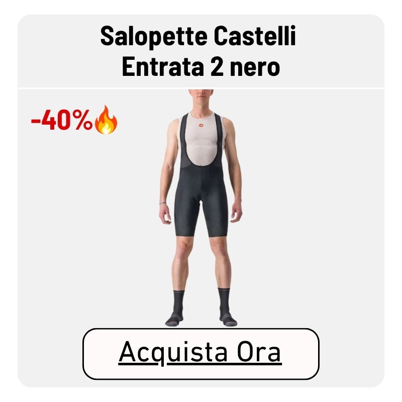 Castelli Entrata 2 nero black men's cycling bib shorts on model, 40% off badge and 'Acquista Ora' call-to-action button