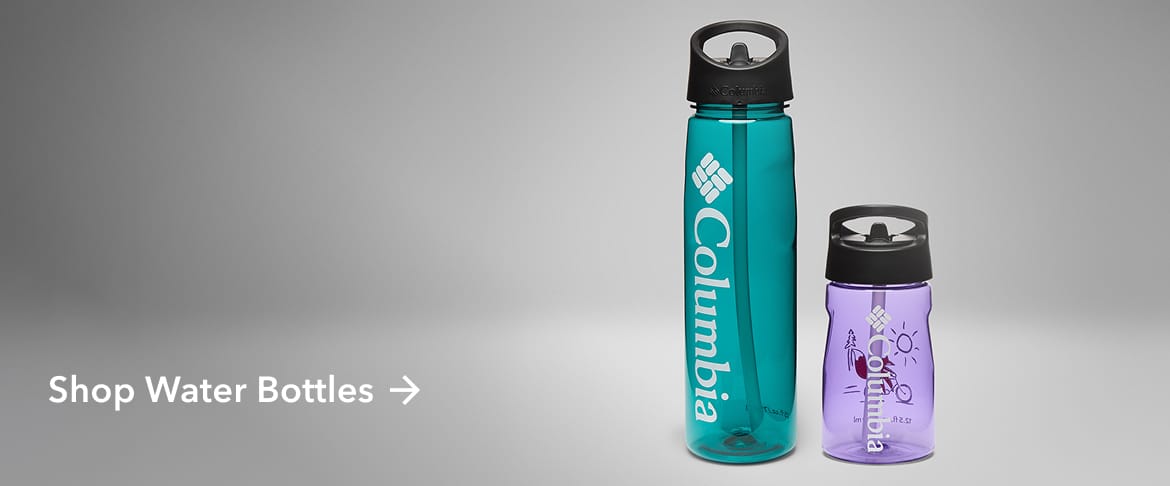 Two colorful water bottles against a grey background with text: Shop Water Bottles