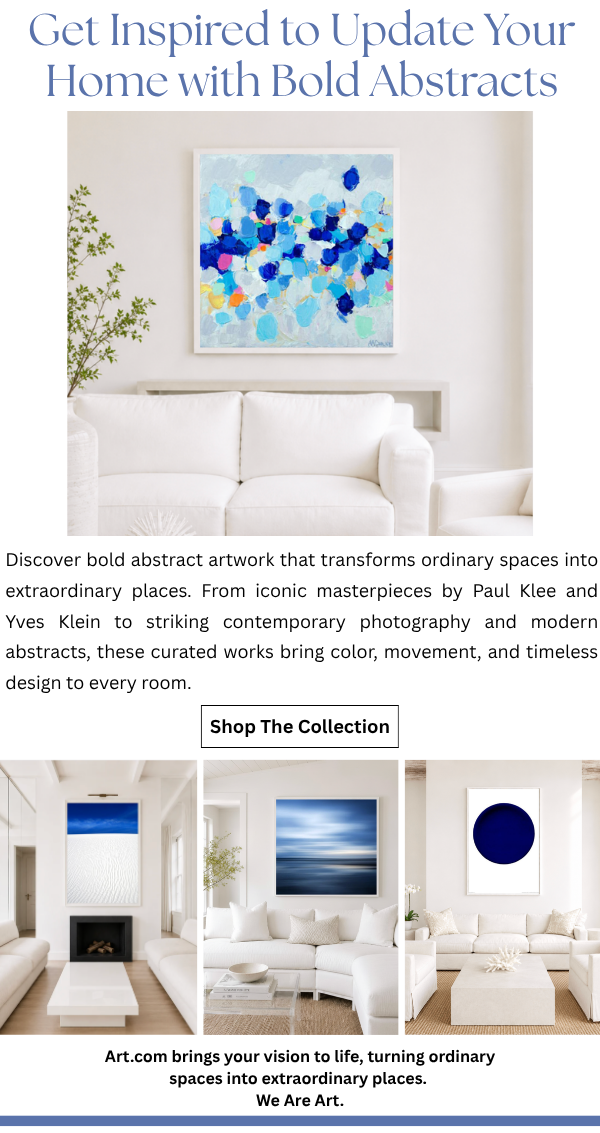 Get Inspired to Update Your Home with Bold Abstracts. Discover bold abstract artwork that transforms ordinary spaces into extraordinary places. From iconic masterpieces by Paul Klee and Yves Klein to striking contemporary photogrpahy and modern abstracts, these curated works bring color, movement, and timeless design to every room.