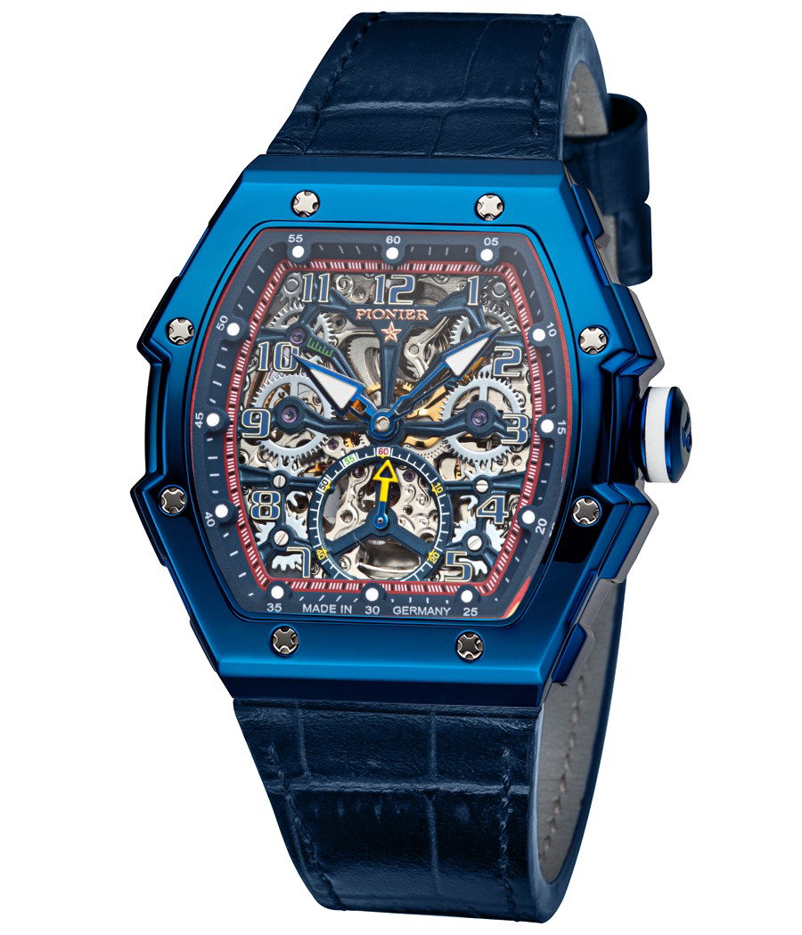 All blue watch with skeletonized dial.