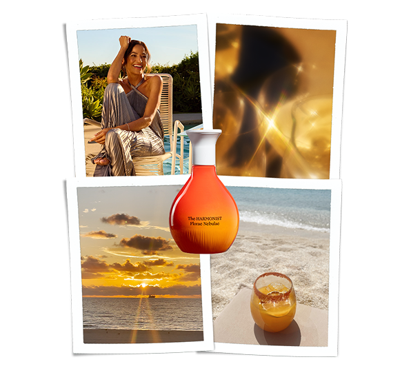 the harmonist florae nubulae parfum with travel polaroid pictures behind it