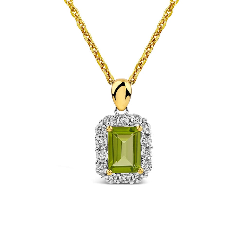 9ct Yellow Gold Rectangular Peridot 0.06ct Diamond Halo Pendant 