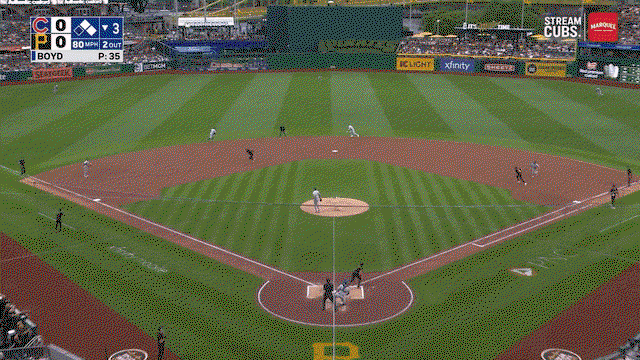 An animated gif of Nico Hoerner making a diving stop and throw