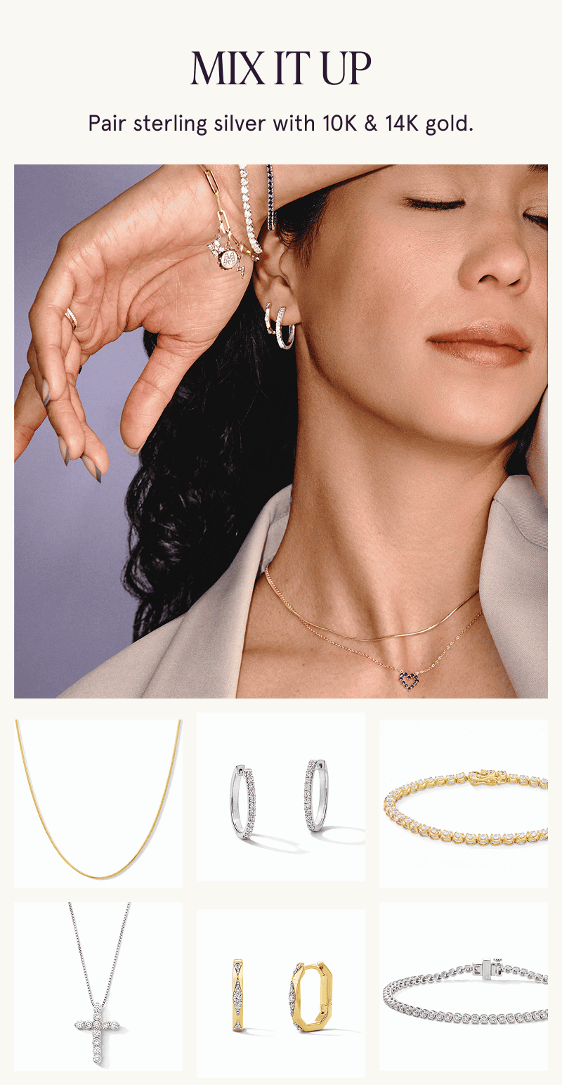 A model wearing silver, gold and gemstones with closeups of various styles. Pair sterling silver with 10K and 14K gold.