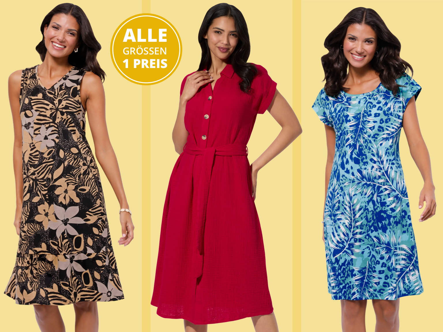 Drei Modelle tragen sommerliche Kleider: ein ärmelloses Kleid mit Blumenmuster, ein rotes Knopfkleid mit Gürtel und ein blaues Kleid mit Blattmuster. Sommerkleider. Alle Größen ein Preis. Bild oder Schaltfläche darunter anklicken, um in den Shop zu gelangen >
