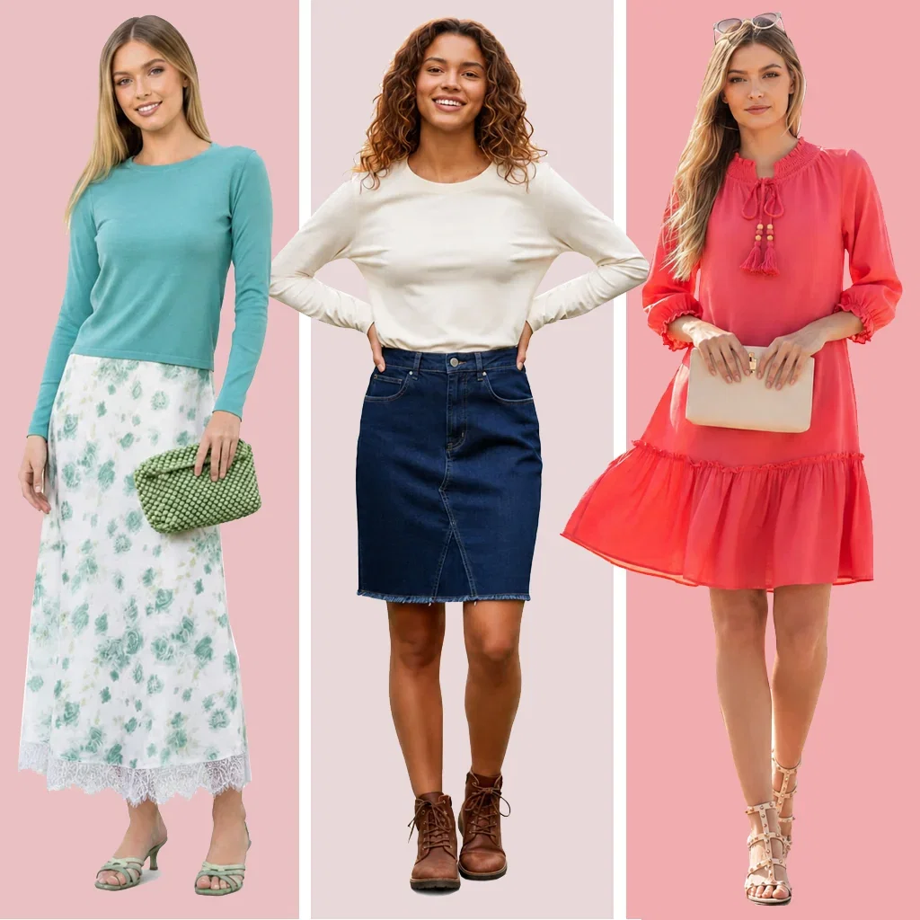 Three women modeling casual outfits: teal long-sleeve top with patterned skirt, cream sweater with denim skirt, and coral dress with accessories.