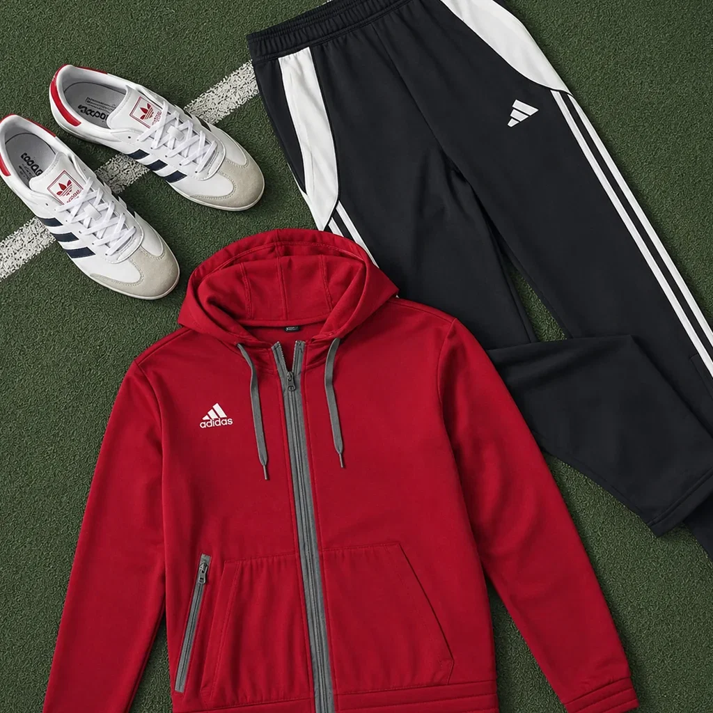 adidas sportswear collection featuring red zip hoodie, black track pants with white stripes, and white sneakers on green background.