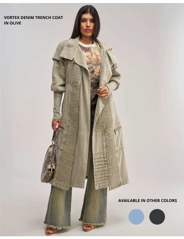 VORTEX DENIM TRENCH COAT IN OLIVE