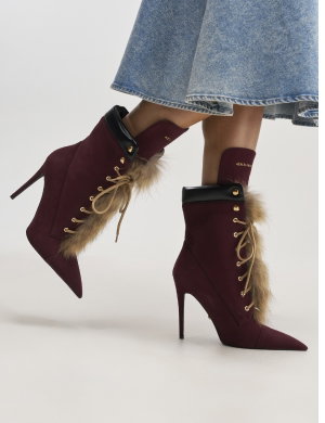 AKIRA GOLD NYMERA BURGUNDY STILETTO BOOTIE WITH FUR