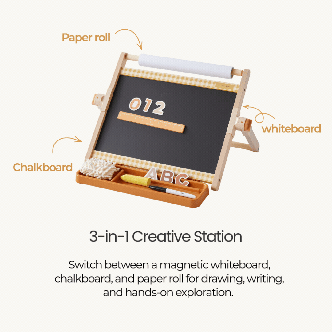 3-in-1 Creative Station. Switch between a magnetic whiteboard, chalkboard, and paper roll for drawing, writing, and hands-on exploration.