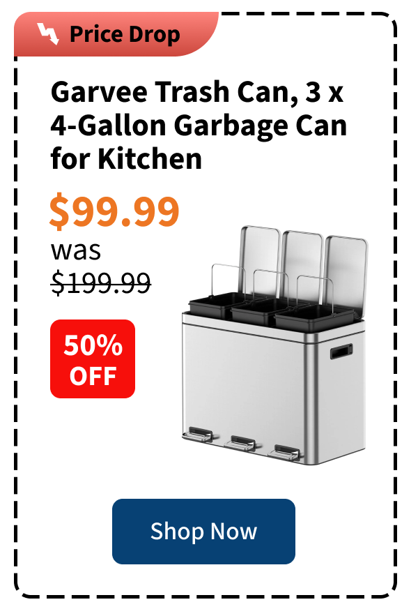 Garvee Trash Can, 3 x 4-Gallon Garbage Can for Kitchen, 3 Compartments for Recycling and Trash, Plastic Inner Buckets and Hinged Lids, Wide Stainless Steel Shape (15 + 15 + 15 for 45L Total), Silver