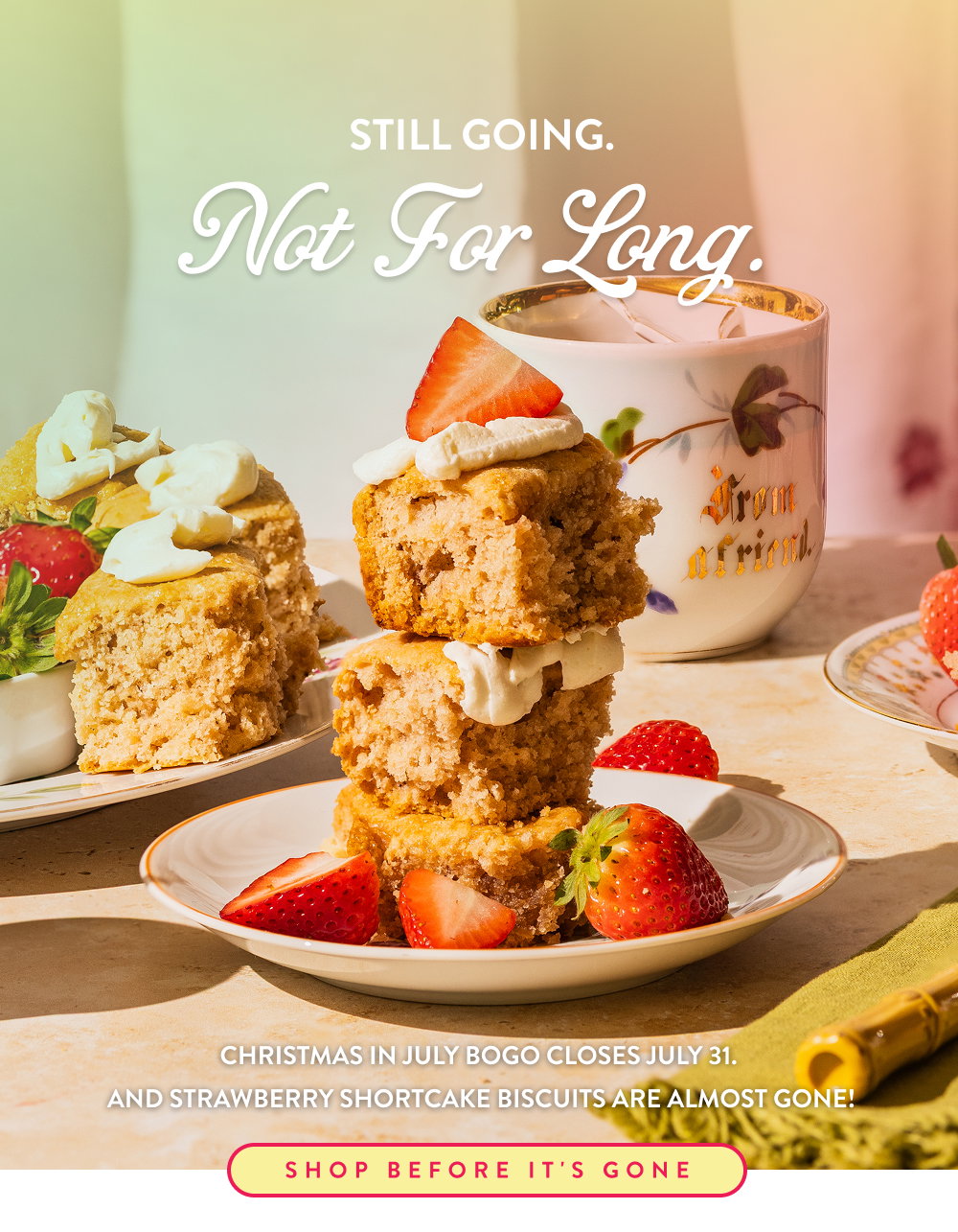 Still Going. Not For Long. Christmas in July BOGO closes July 31.  and Strawberry Shortcake Biscuits are almost gone!