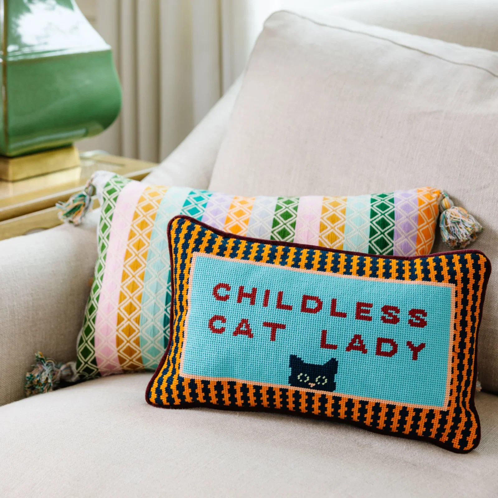 Image of Childless Cat Lady Needlepoint Pillow