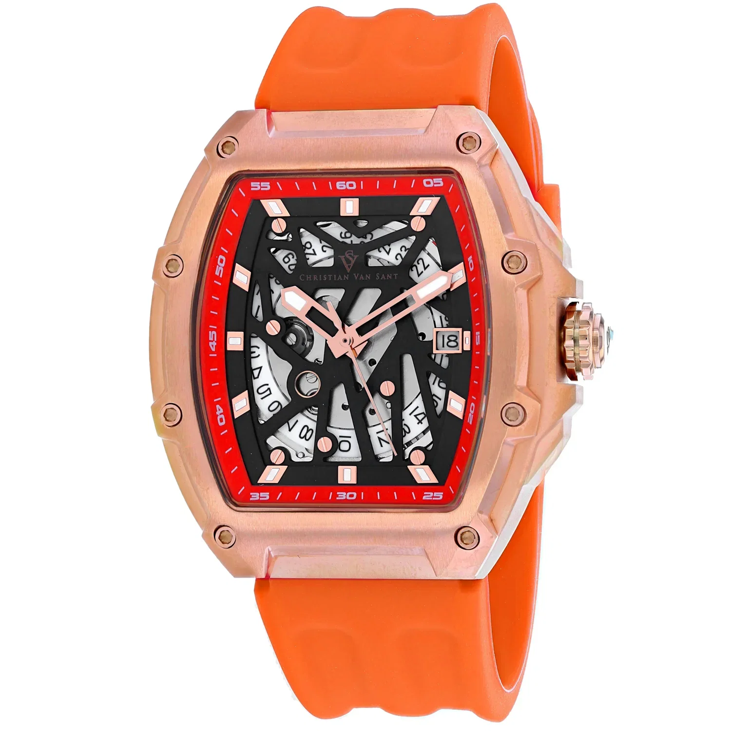 Image of Christian Van Sant Men's 50mm Odyssey Automatic Date Skeletonized Dial Rubber Strap Watch