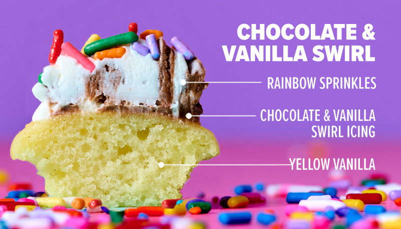 Chocolate & Vanilla Swirl: Yellow vanilla cake, chocolate & vanilla swirl icing, and rainbow sprinkles.