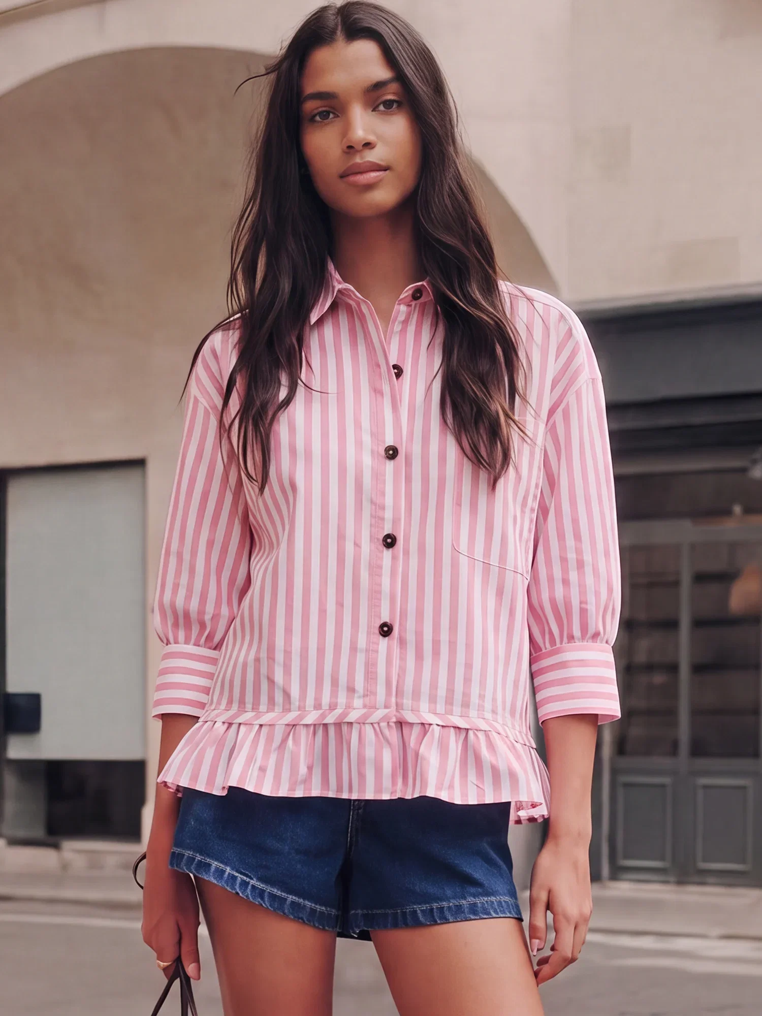Image of Longsleeves Button Down Stripe Shirt Ruffle Hem Shirt