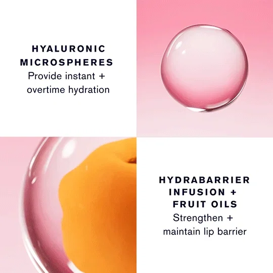 HYALURONIC MICROSPHERES | Provide instant + overtime hydration |  HYDRABARRIER INFUSION + FRUIT OILS | Strengthen + maintain lip barrier