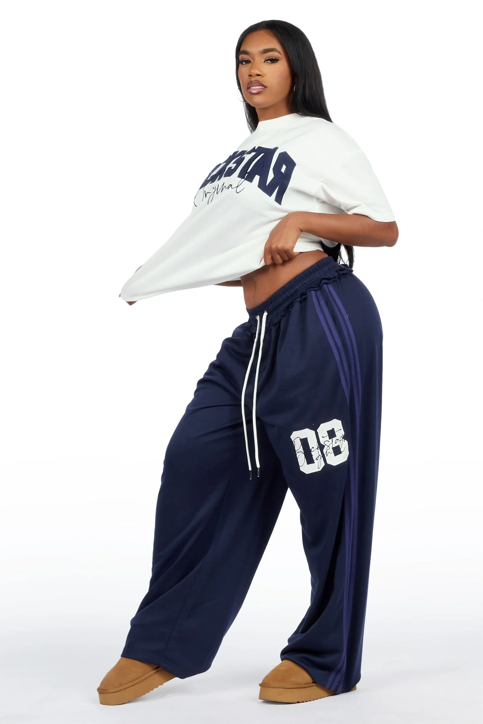 Image of Cheyane White/Navy French Terry Chenille Tee/ French Terry Relaxed Track Set