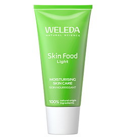 Weleda Skin Food Light moisturising skin care green tube, natural-origin ingredients, product pack on white background