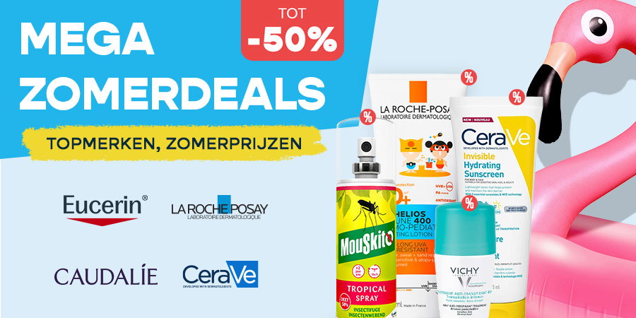 Advertisement banner: Mega summer deals up to 50% off on sunscreens, skincare and insect spray from Eucerin, La Roche-Posay, CeraVe, Caudalie and Vichy with a pink flamingo float