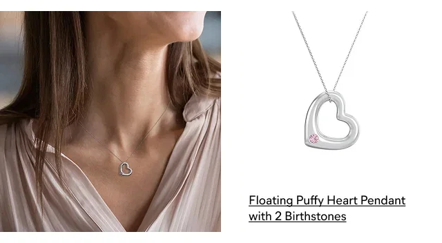 Floating Puffy Heart Pendant with 2 Birthstones