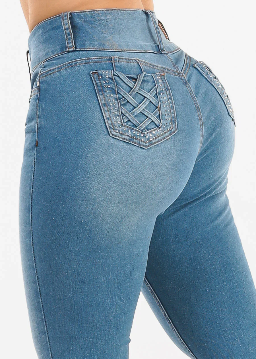 Image of Levantacola High Rise Stretch Skinny Jeans Light Blue