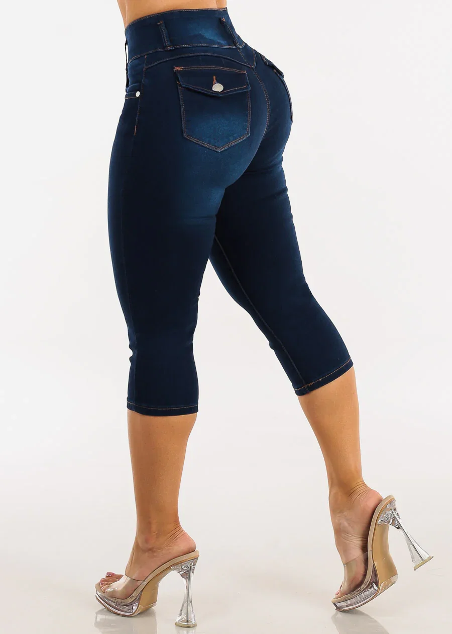 Image of Butt Lift High Waisted Stretch Denim Capris Dark Blue