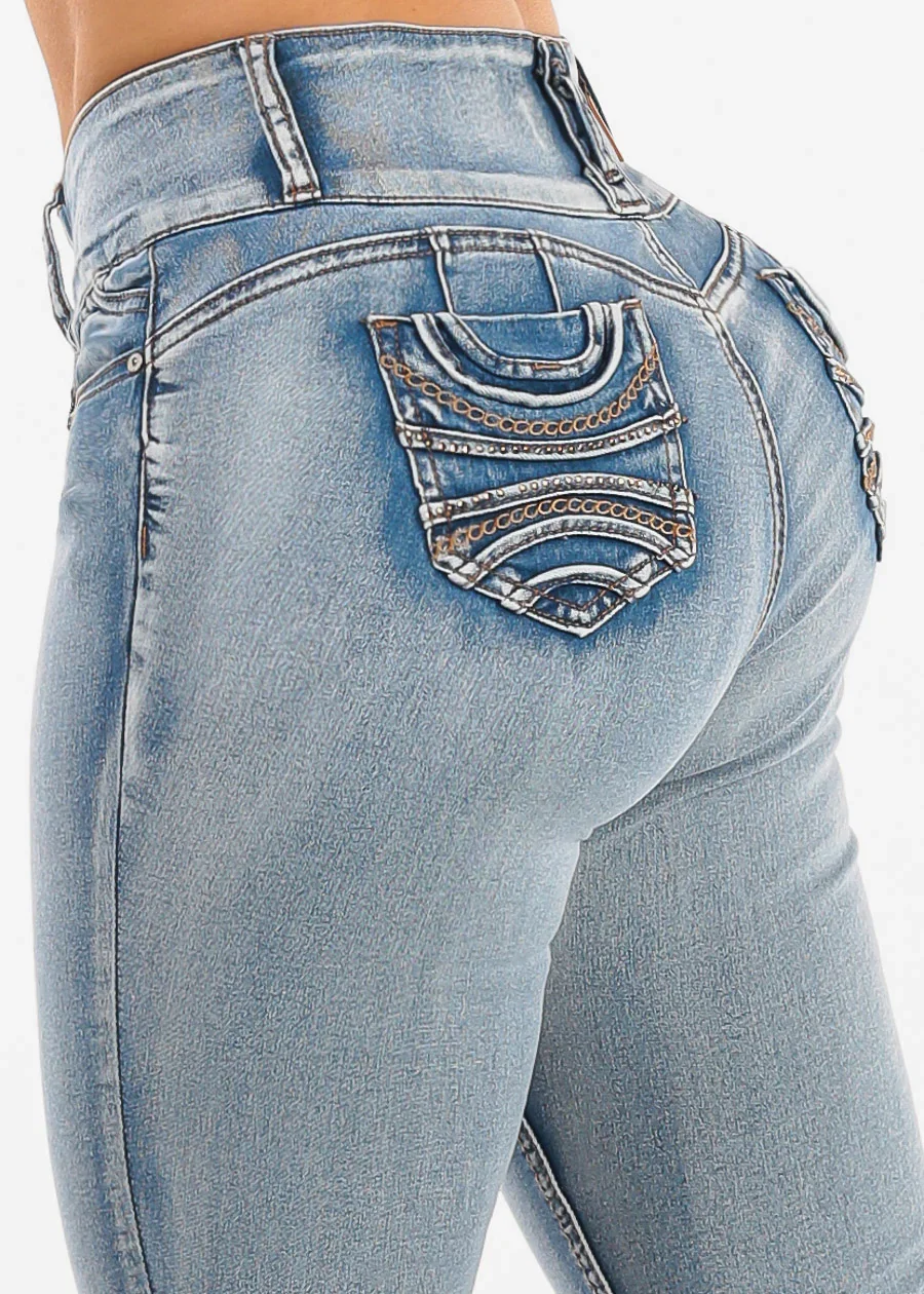 Image of Butt Lift High Waist Chain Pocket Skinny Jeans Acid Wash