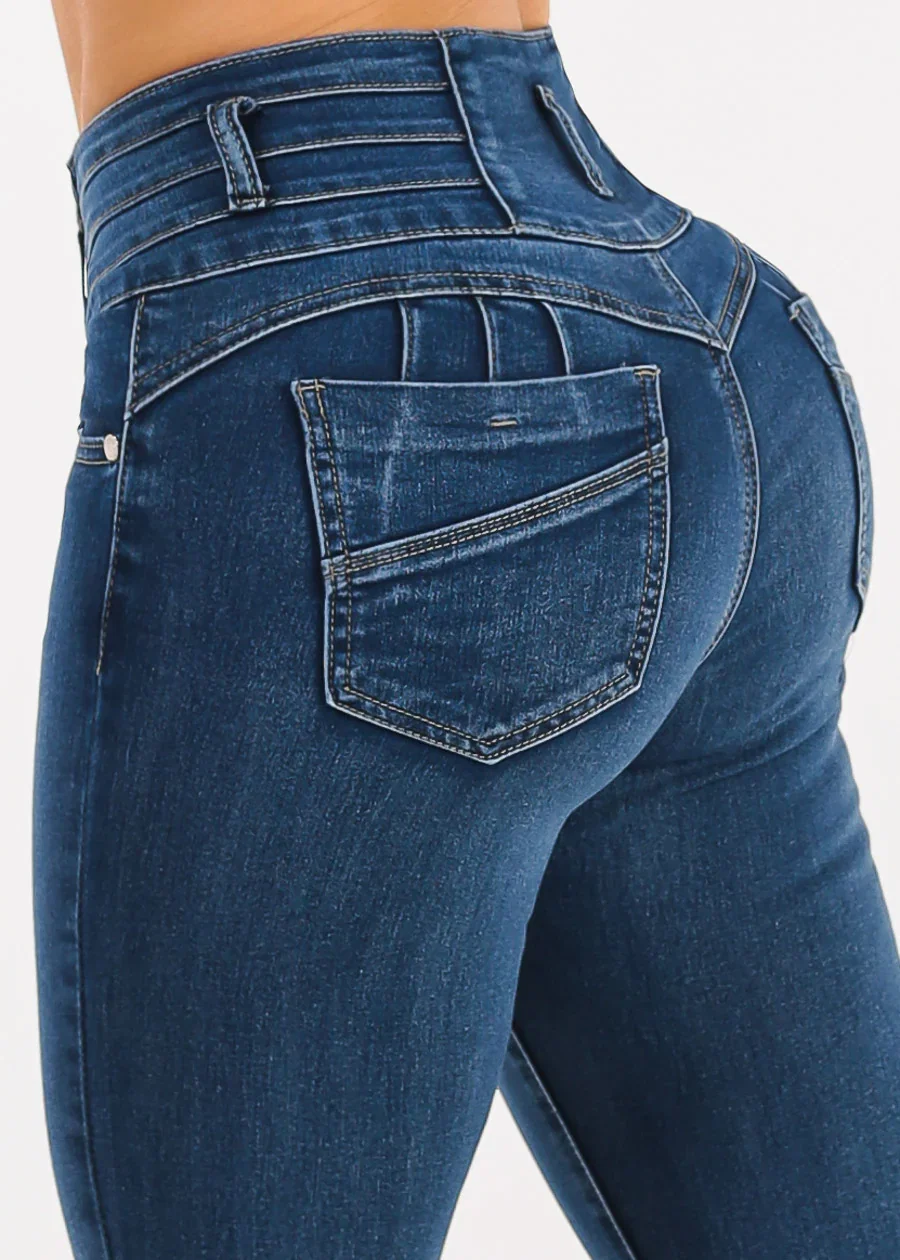 Image of Levantacola High Waist Stretch Skinny Jeans Dark Bleach Wash