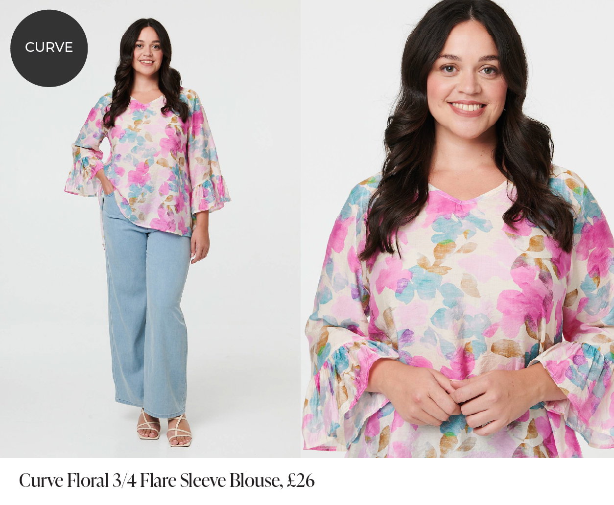 Curve Floral 3/4 Flare Sleeve Blouse | Shop Now