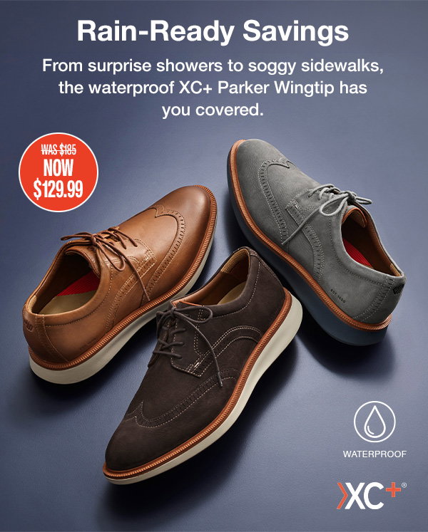 Three XC+ Parker Wingtip waterproof shoes in brown leather, dark brown suede, and gray nubuck displayed on a blue background. Text reads: 