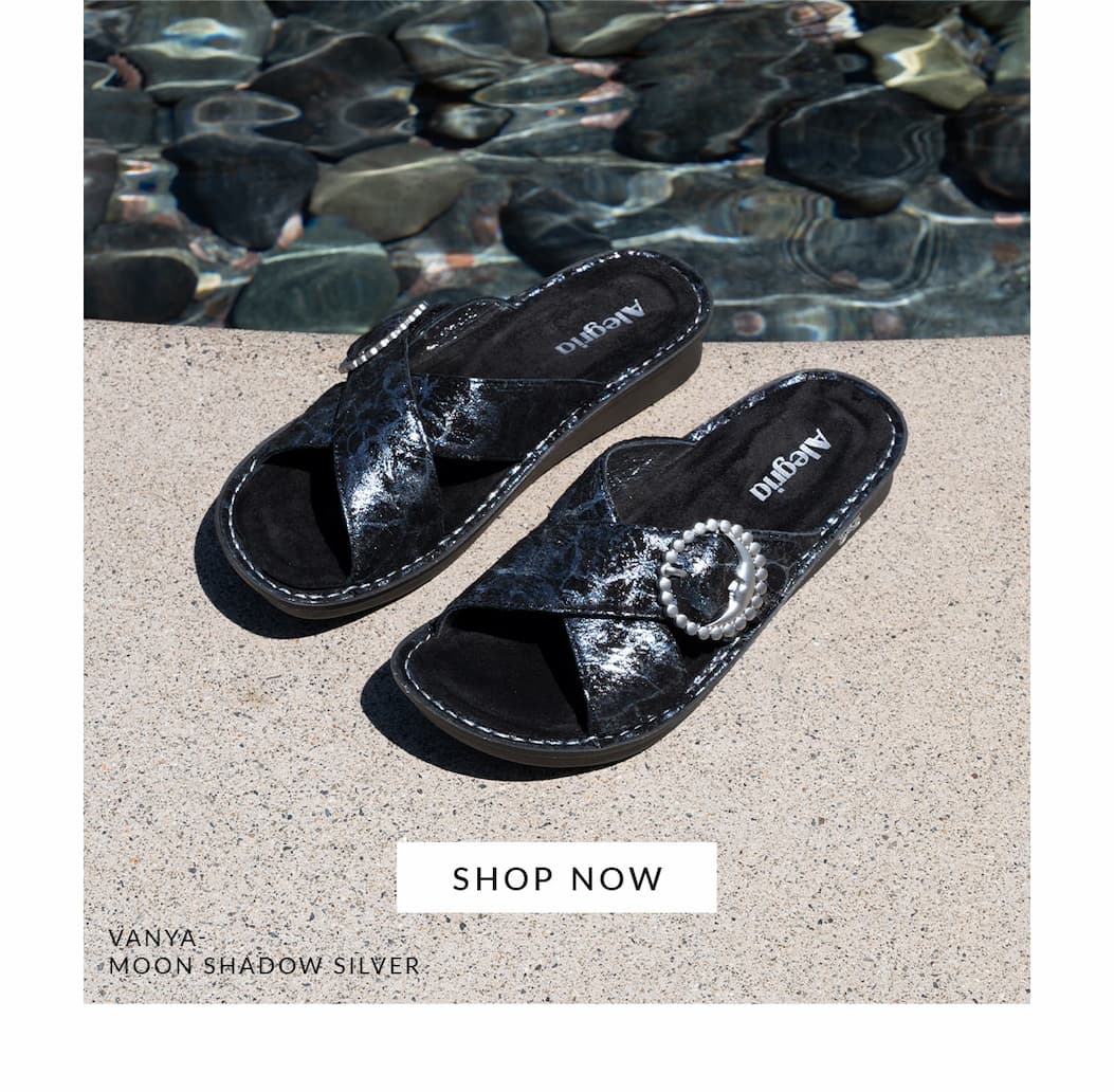 Pair of Alegria Vanya Moon Shadow Silver criss-cross metallic sandals with decorative buckles resting near pool water with a Shop Now button.