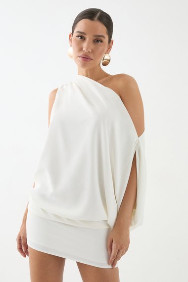 Satin Off Shoulder Asymmetric Bodycon Mini Dress