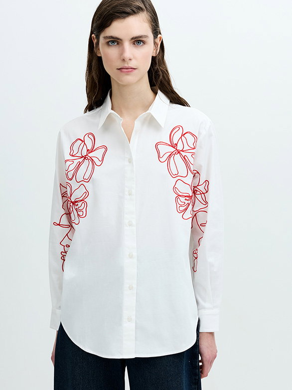 Alexis Cotton Floral Outline Embroidered White Shirt