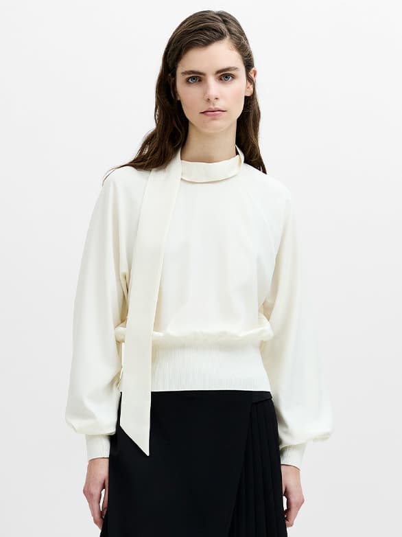 Krista Mix Cream Scarf Neck Fitted Top
